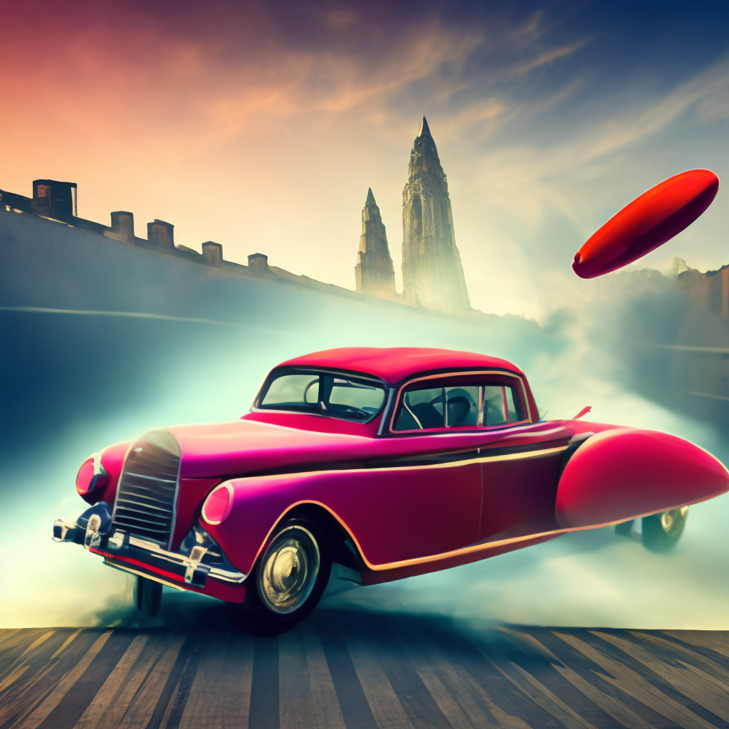 a painting of a beautiful red car flying through the air : 2 | clear, beautiful, perfect, jpeg, high resolution : +1. make car different color