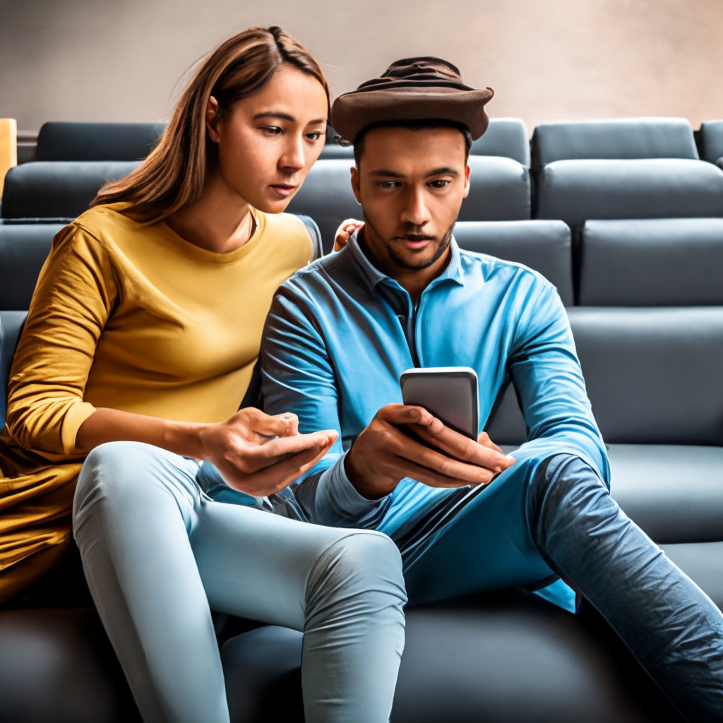  Two adults are sitting on a couch, looking at their smartphones. 