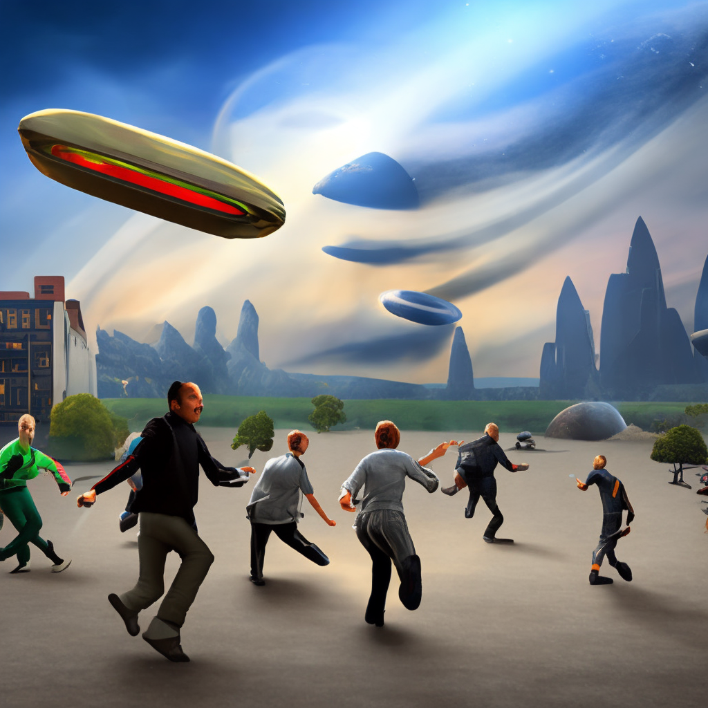 people running away from an alien invasion in a dystopian future, with flying saucers shooting. people running away from an alien invasion and flying soucers shoting