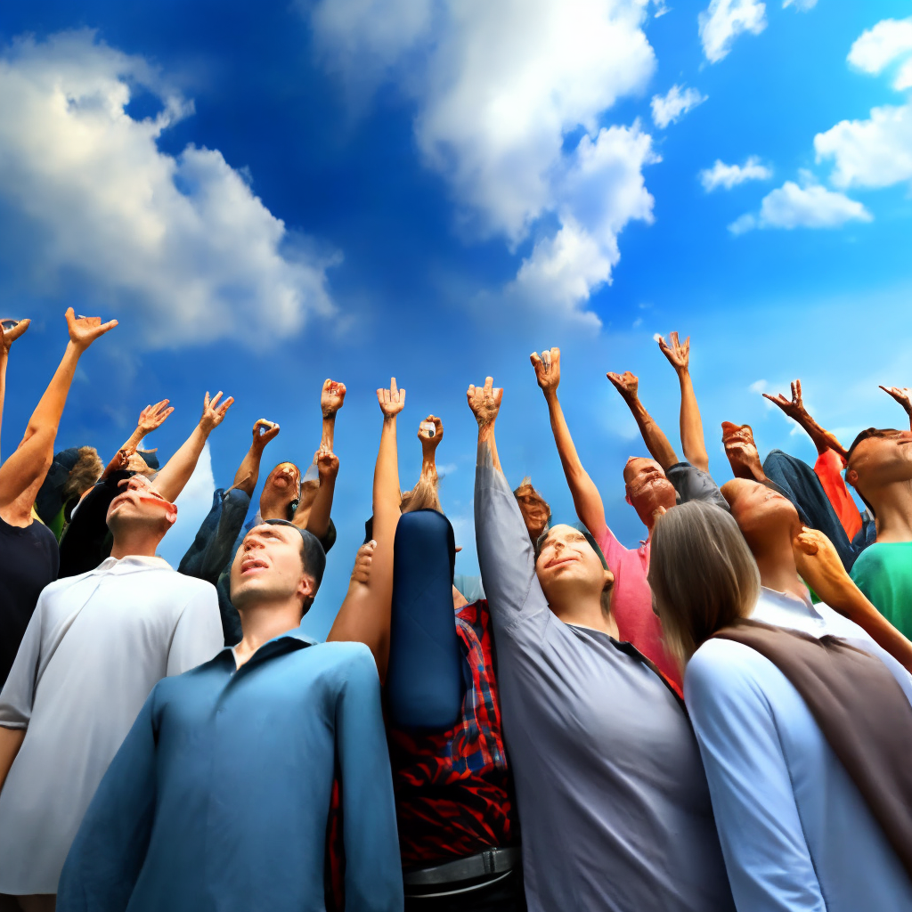 People looking up at a bright object in the sky. have everyone be looking at the bright object in the sky