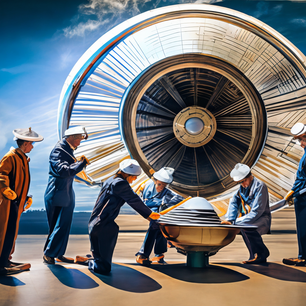 A group of scientists fixing a flying saucer