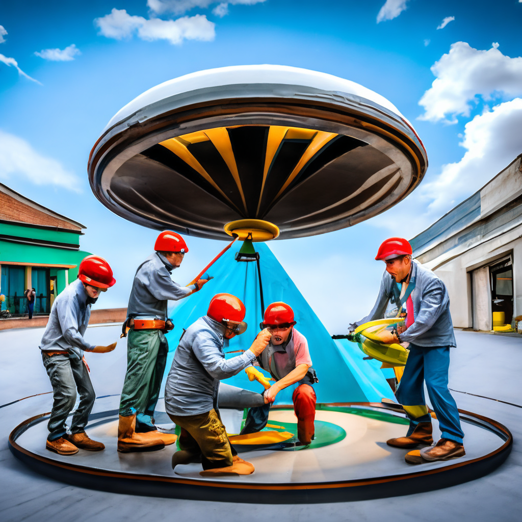 A group of scientists fixing a flying saucer.COMIC STYLE