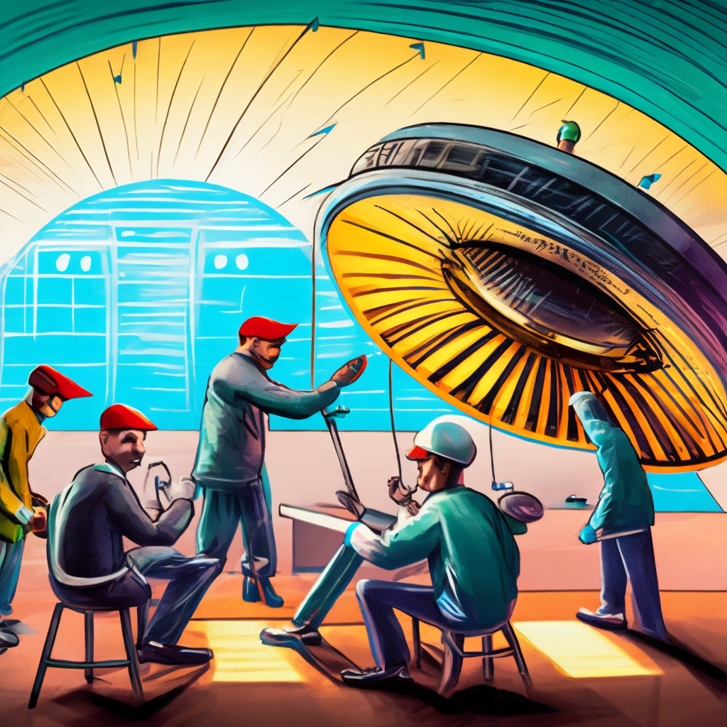 A group of scientists fixing a flying saucer.COMIC STYLE