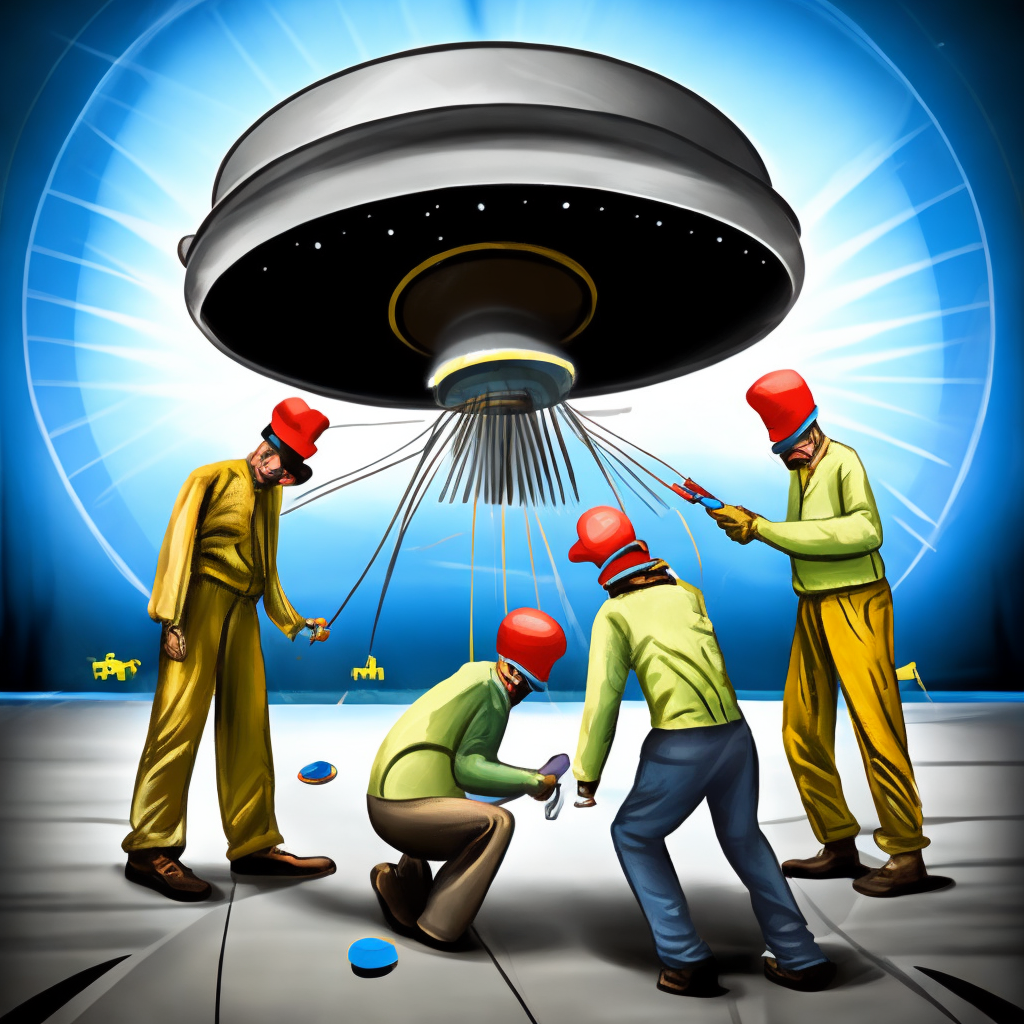 A group of scientists fixing a flying saucer.Comic STYLE