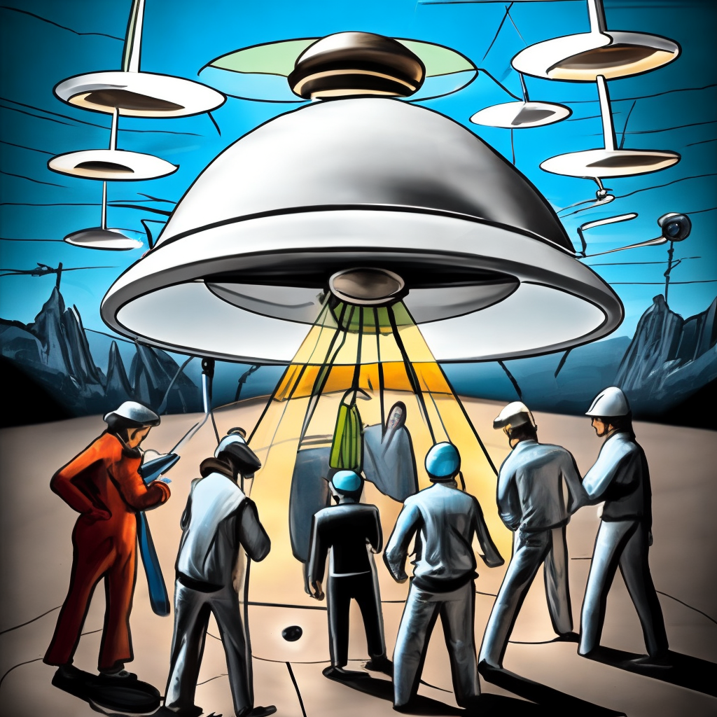 A group of scientists fixing a flying saucer.Comic STYLE