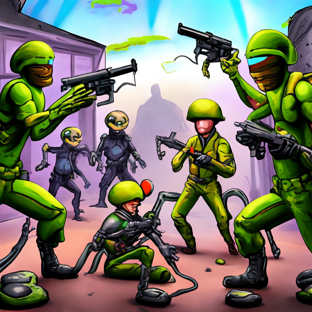 Aliens fighting with human soldiers.comic style. Use classic sci-fi elements to create a more alien feel.