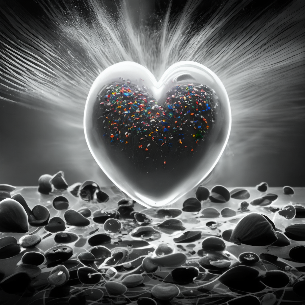 a black and white photo of a human heart
 with sprinkles. water, liquid, petal, flash photography, art, . the splashes scatter and shimmer

