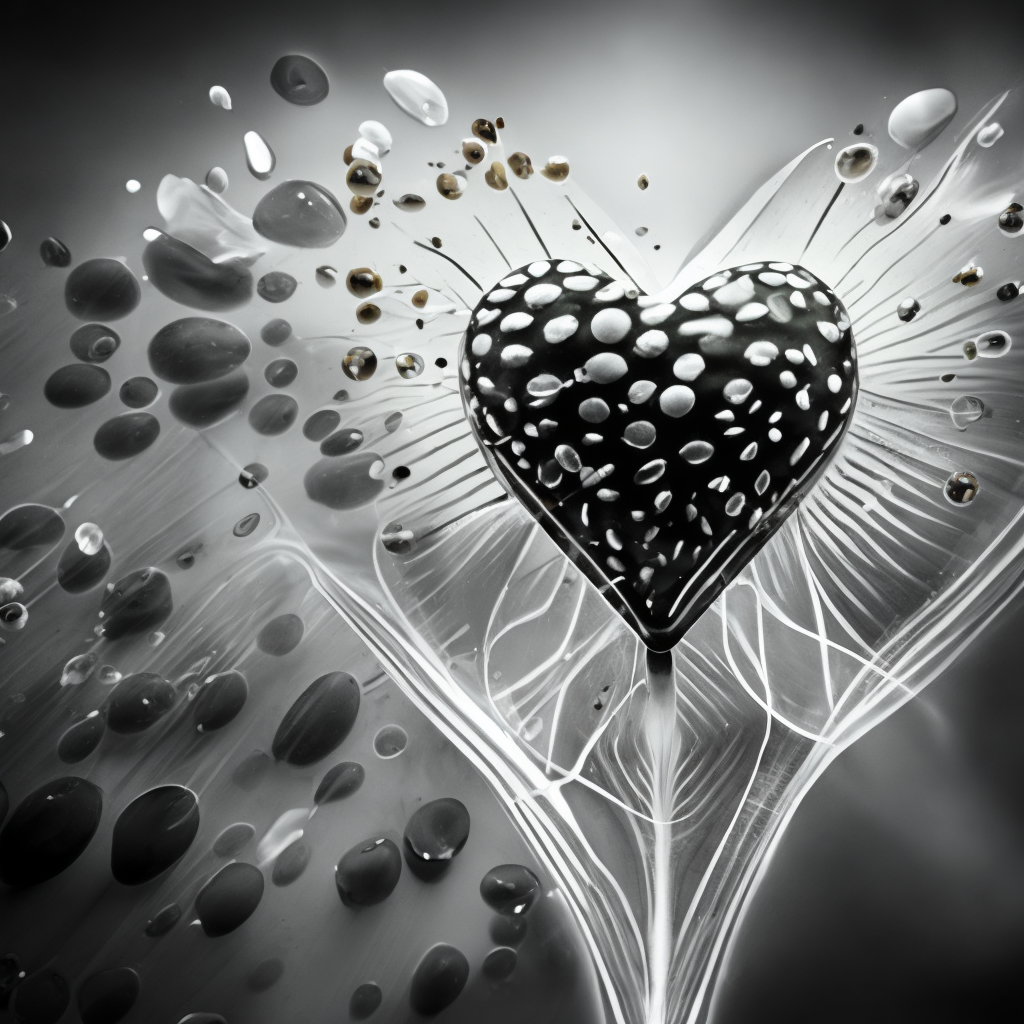 a black and white photo of a human heart
 with sprinkles. water, liquid, petal, flash photography, art, . the splashes scatter and shimmer
