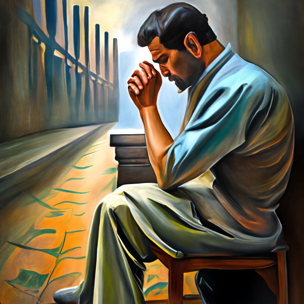 A Painting of a Man with His Hands Folded in Contemplation, Faith. contemplation, faith