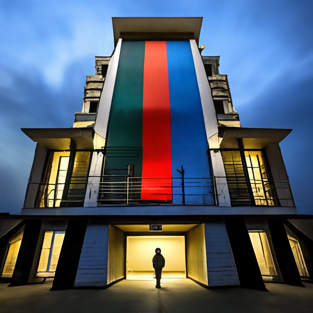 a russian flag of a building in the night