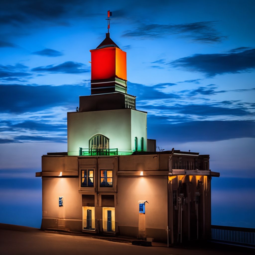 a photo a russian flag of a building in the night
