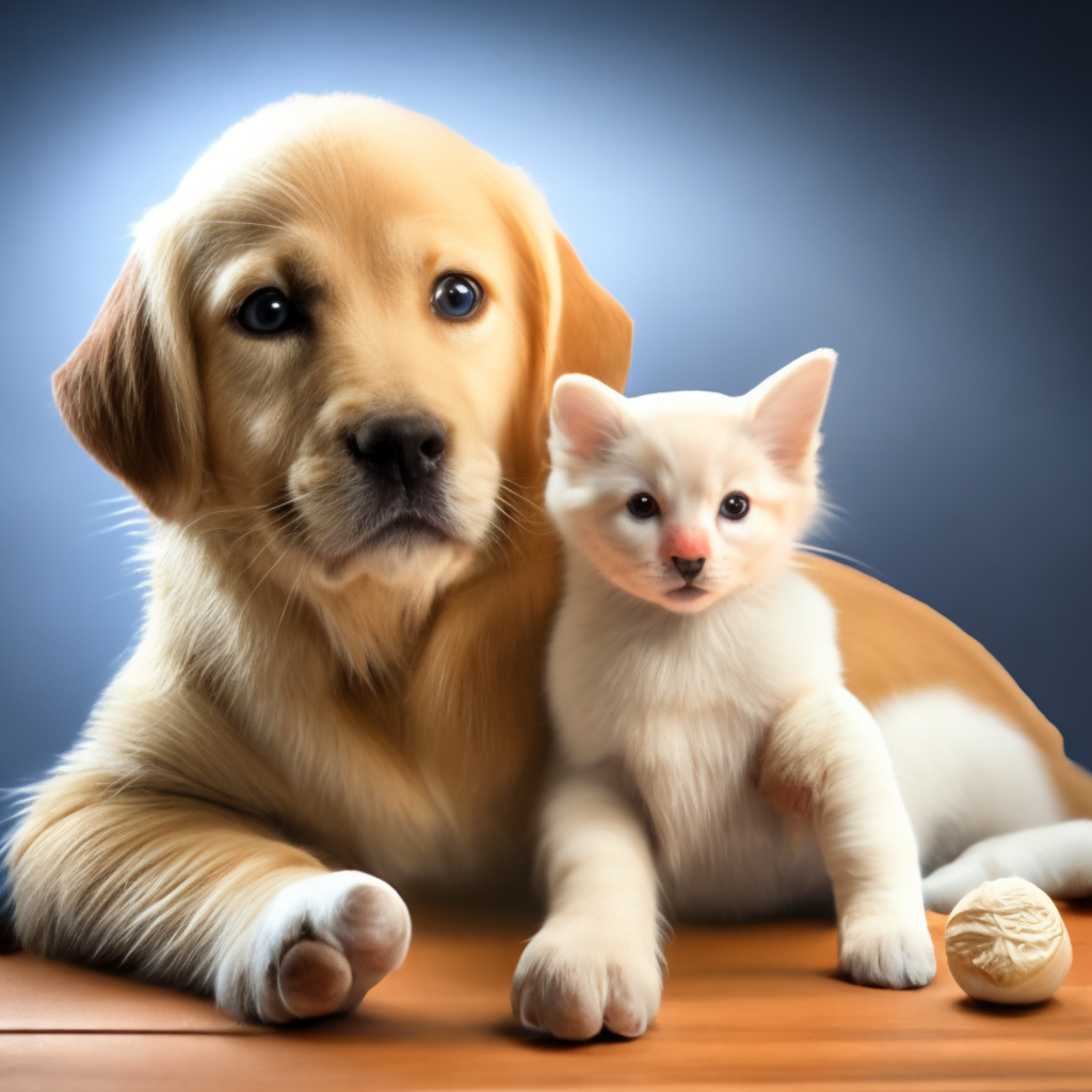 A white baby kitten with a tiny golden retriever puppy