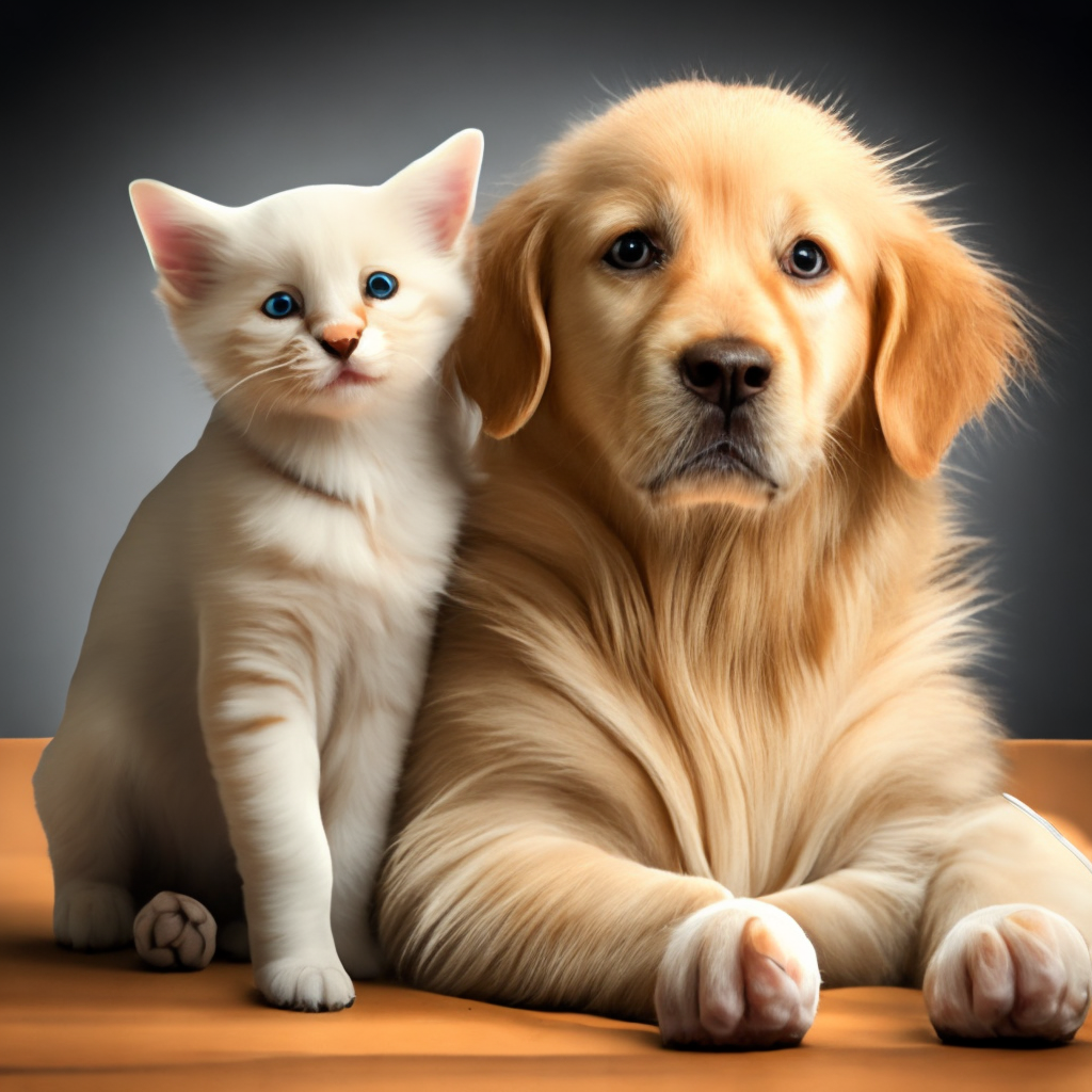 A white baby kitten with a tiny golden retriever puppy