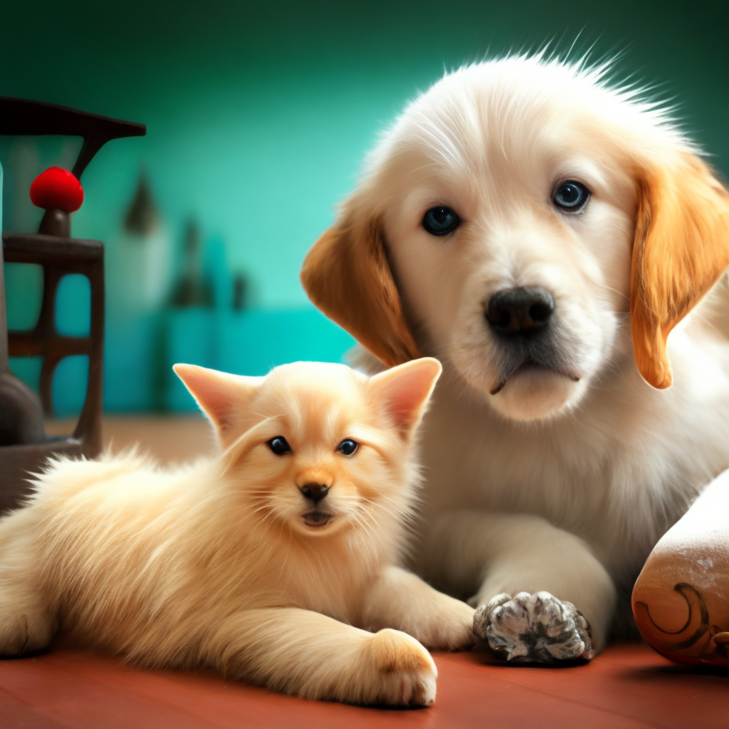 A white baby kitten with a tiny golden retriever puppy