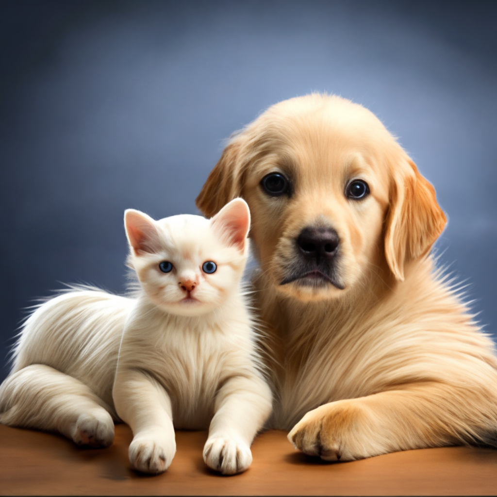 A white baby kitten with a tiny golden retriever puppy