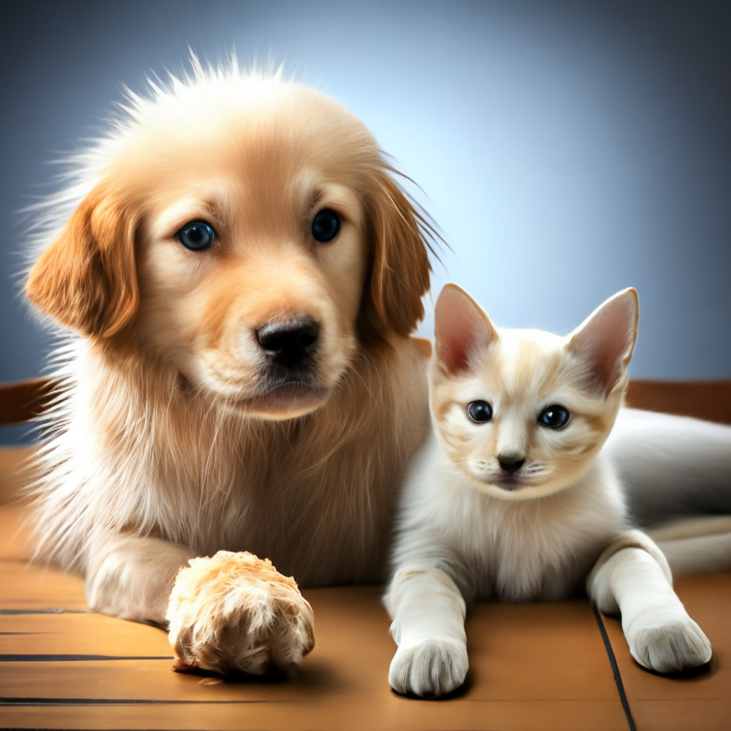 A white baby kitten with a tiny golden retriever puppy