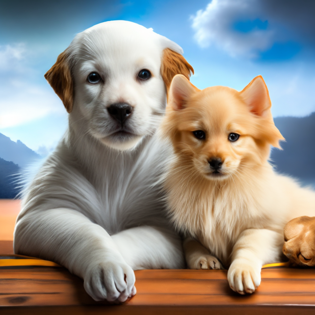 A white baby kitten with a tiny golden retriever puppy