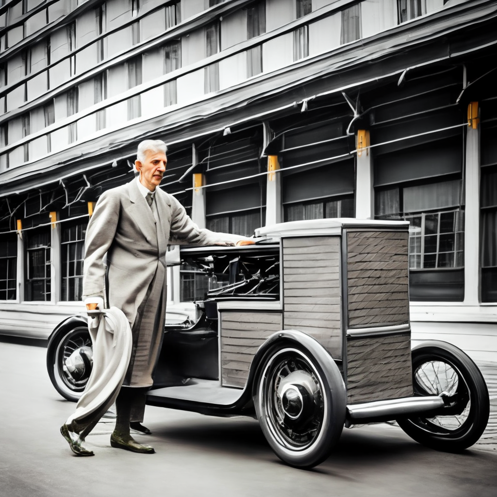 Nikola Tesla dryving a Tesla car.