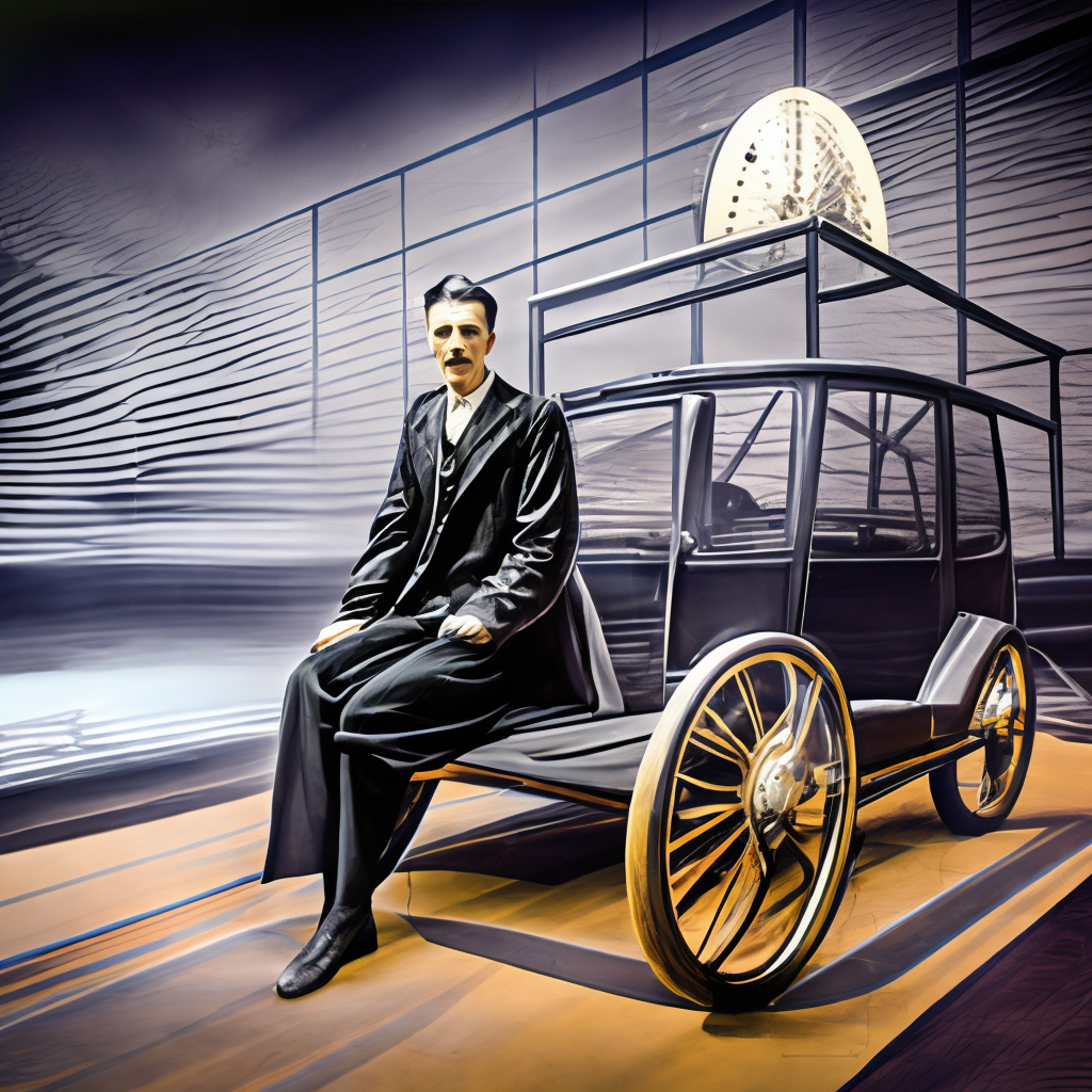 Nikola Tesla dryving a Tesla car.futuristic style