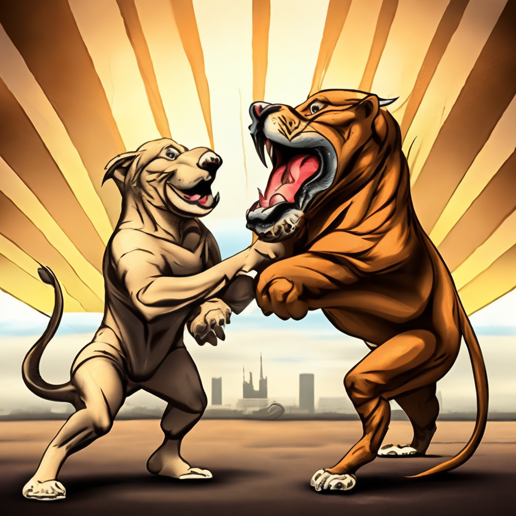 Two Pitbull fighting with a lion.comic style