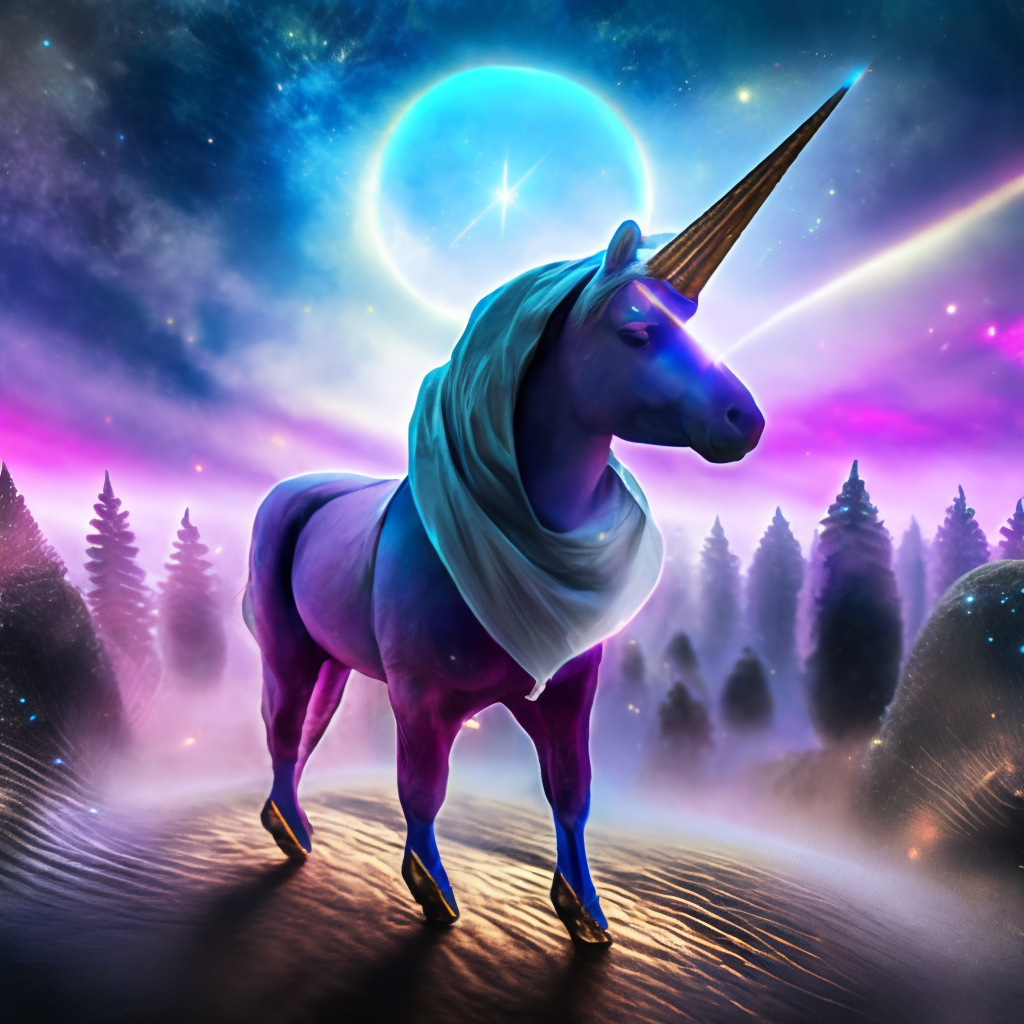 Hooded Unicorn - cosmic star dust, galactic, uhd, hdr, 8k, maximalist, cinematic lighting - replaced with fluffy clouds!. Replace the stars with fluffy clouds!