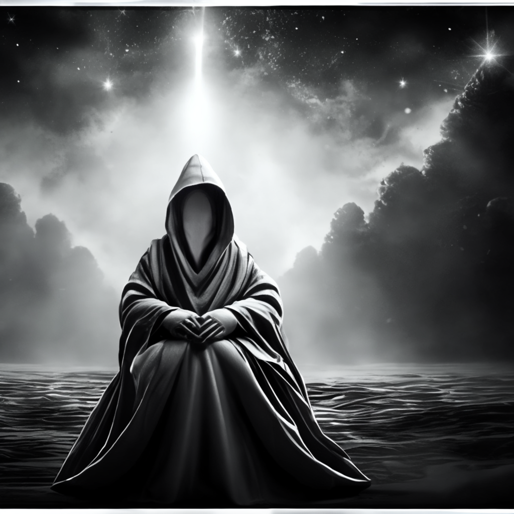 Mysterious, UHD, HDR, 8K Hooded Humanoid Android Sitting on Cosmic Star Dust with Cinematic Lighting. black and white with a grainy effect