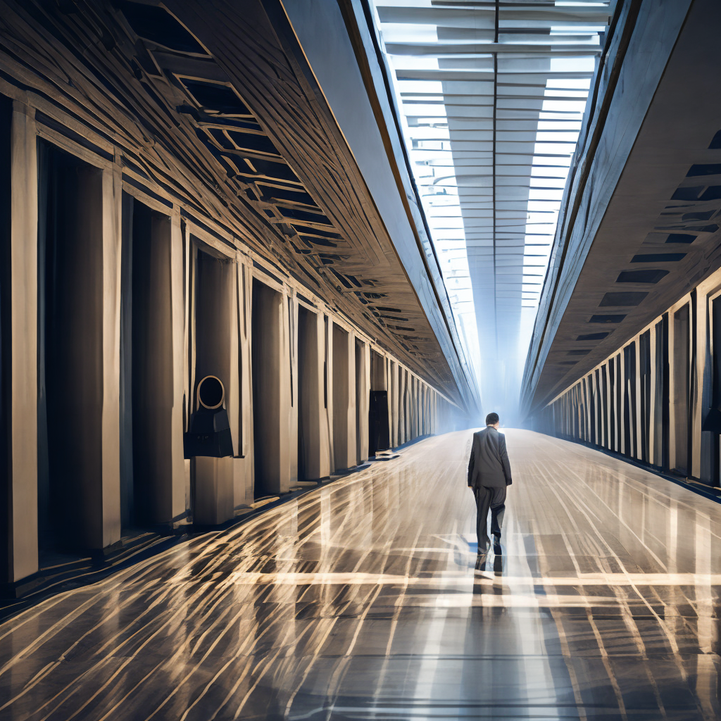 A Tall and Mistery Man Walking on a Large Hall, in the Style of Traditional Black and White Photography. Edit in the style of traditional black and white photography.