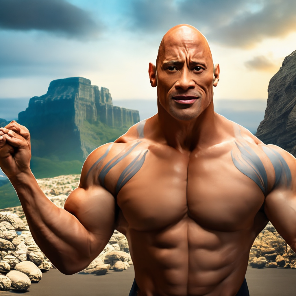 Photorealistic image of Dwayne johnson flexing his massive muscles