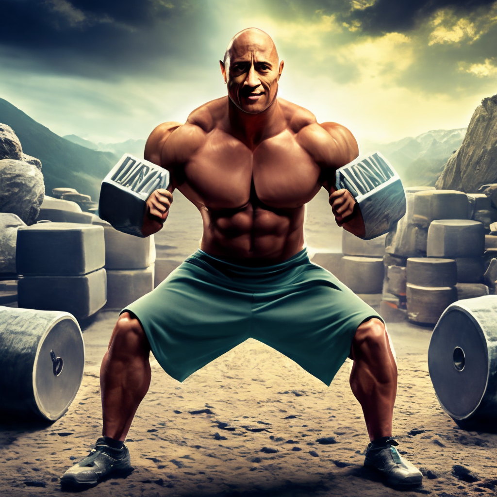 Photorealistic image of Dwayne Johnson lifting weights showing off his massive muscles 