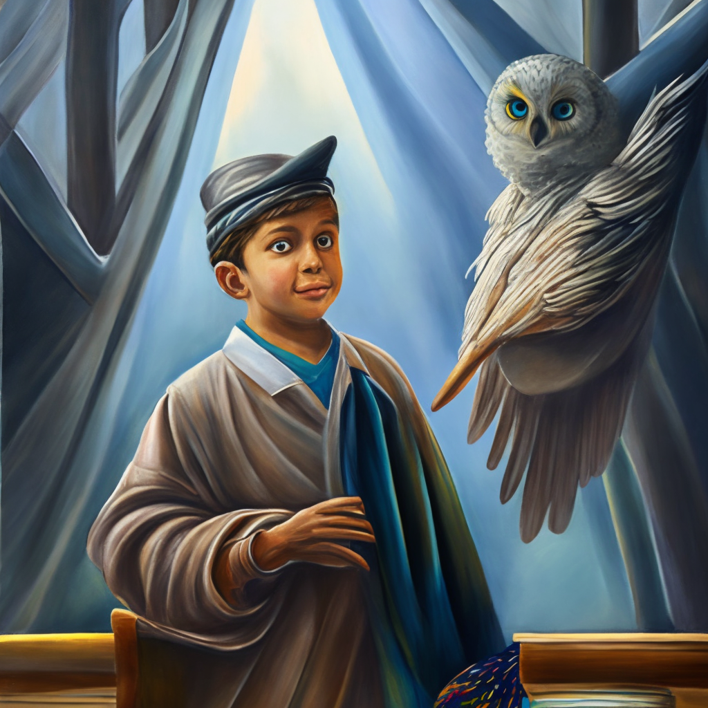 A painting of a young wizard and his owl