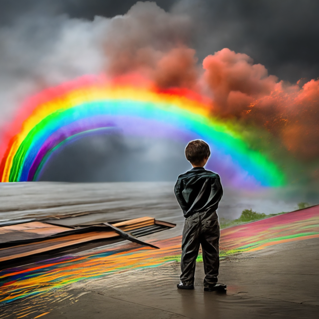 Red rain with rainbow over boy watching – wildfire scene. Make the background a deep, dark red instead of orange, and strip the flames of their brightness.