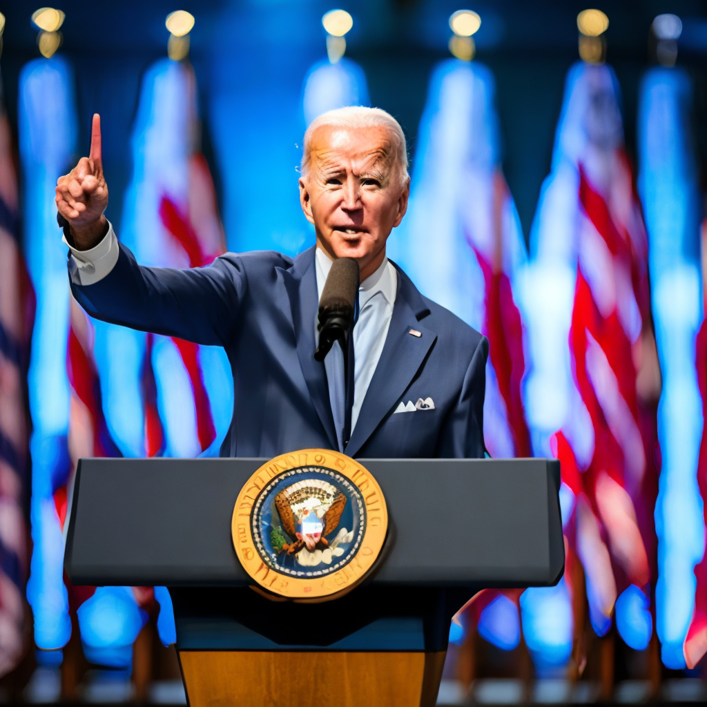 President Biden at a podium pointing into the crowd