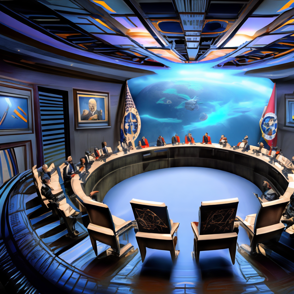 The image shows a meeting room in a government building where several political leaders from different parts of the world are seated around a round table. On the screen on the wall, there is an image of a fleet of alien ships approaching Earth. The political leaders are heatedly discussing and trying to find a solution to confront this extraterrestrial threat. One of the leaders, who seems to be the. use a more classic photo editing style, adding a strong focal point to the leader's face to make him stand out more