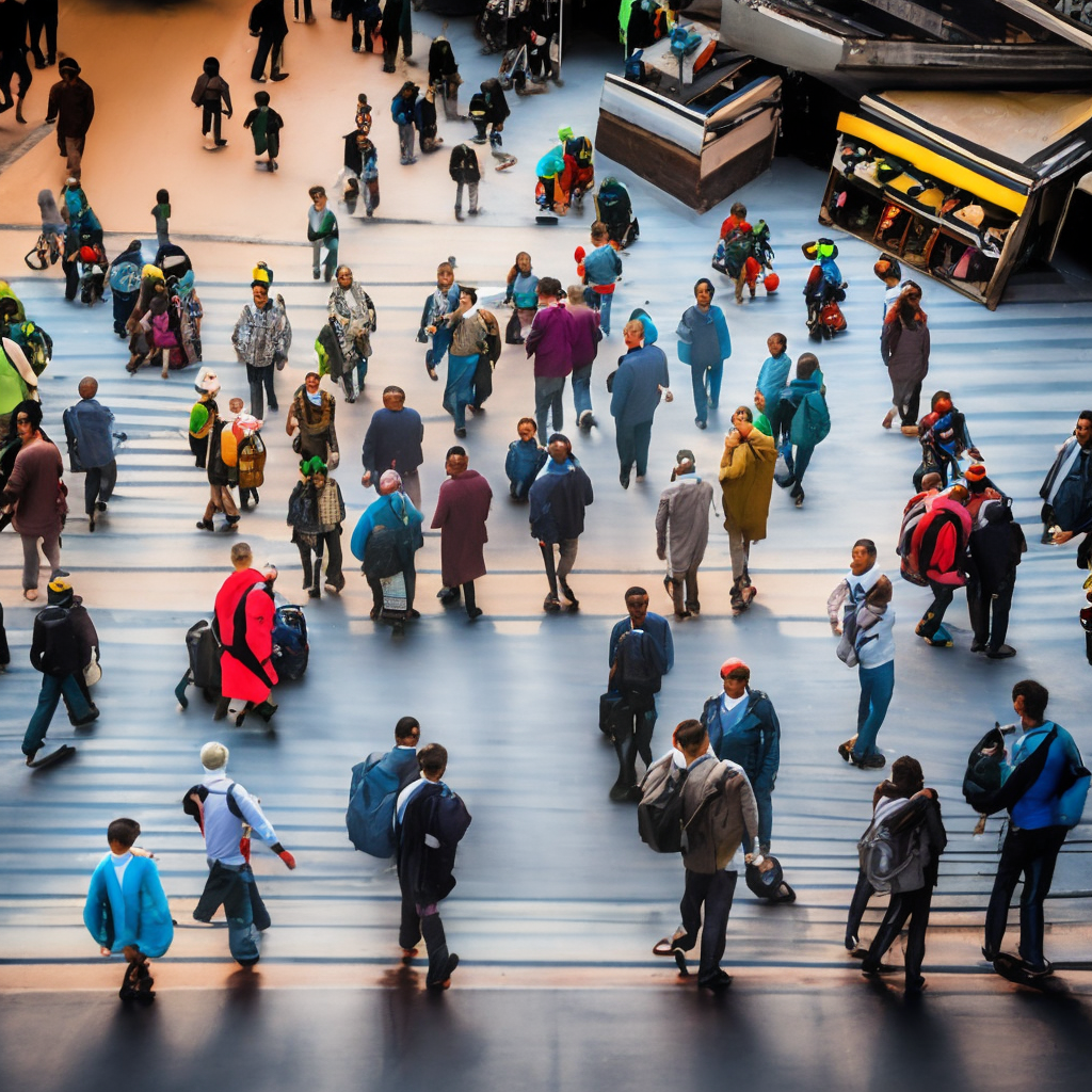 The image shows an aerial view of an extremely crowded city. The streets are filled with people walking hurriedly, and tall buildings surround the narrow streets. A variety of people can be seen, from men and women in business suits to children running with school backpacks. The city seems to be full of life and movement, with bright lights and colors everywhere. The camera is positioned high up, as if it is being filmed by a drone. The perspective allows the viewer to see the city as a whole, highlighting the population density and the number of buildings present. Despite the apparent chaos, the beauty of the city can be appreciated, with its varied architecture and vibrant colors. The atmosphere is lively and bustling, conveying the feeling that the city never sleeps and is in constant motion. Comic style