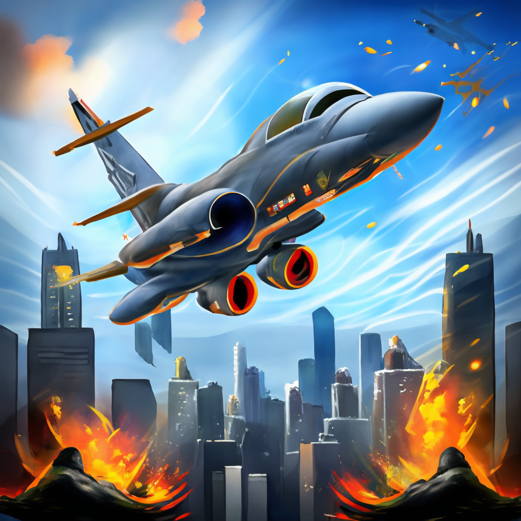 A F16 army plane flying over the city droping a bomb.cartoon style 