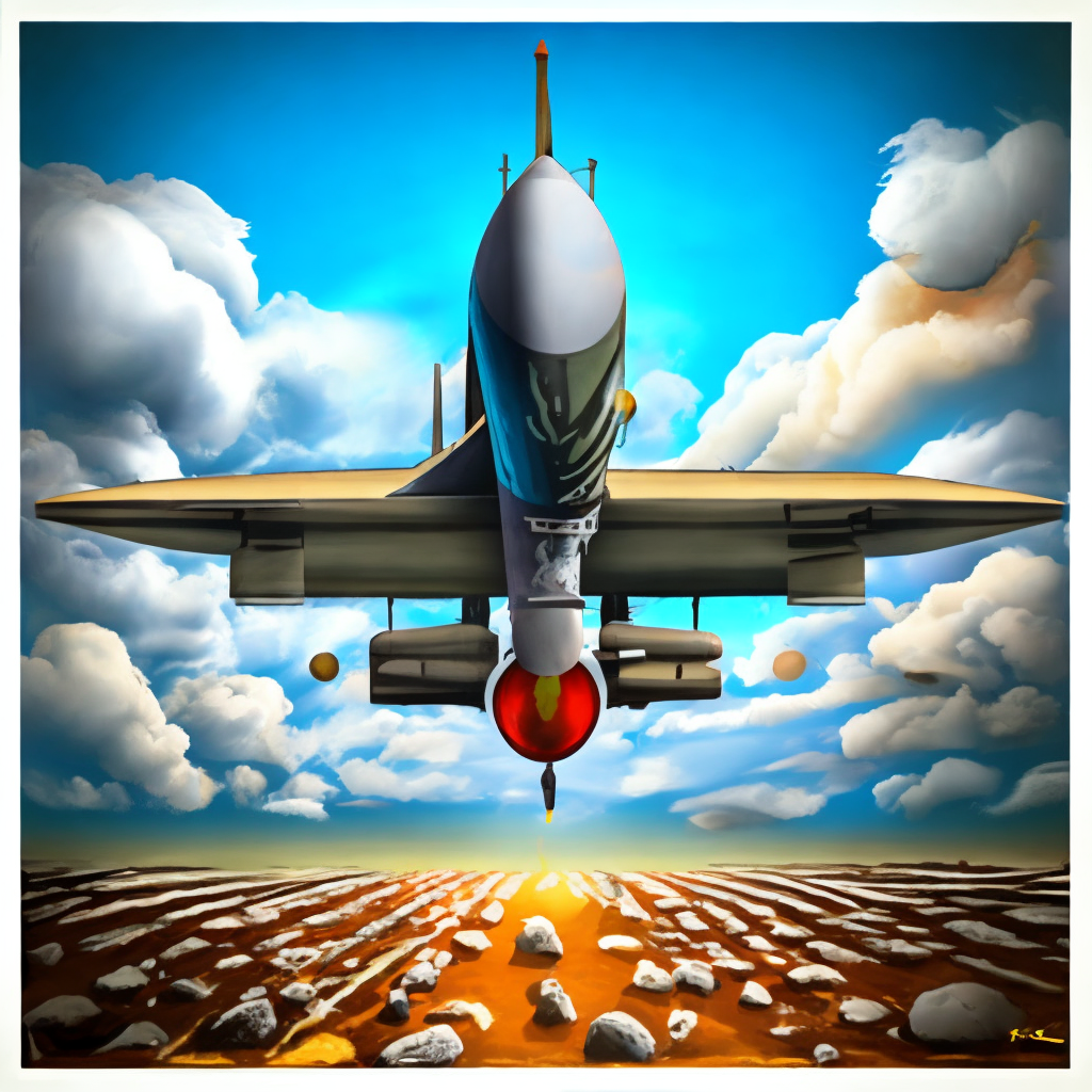 A F16 army plane droping a nuclear bomba.comic style