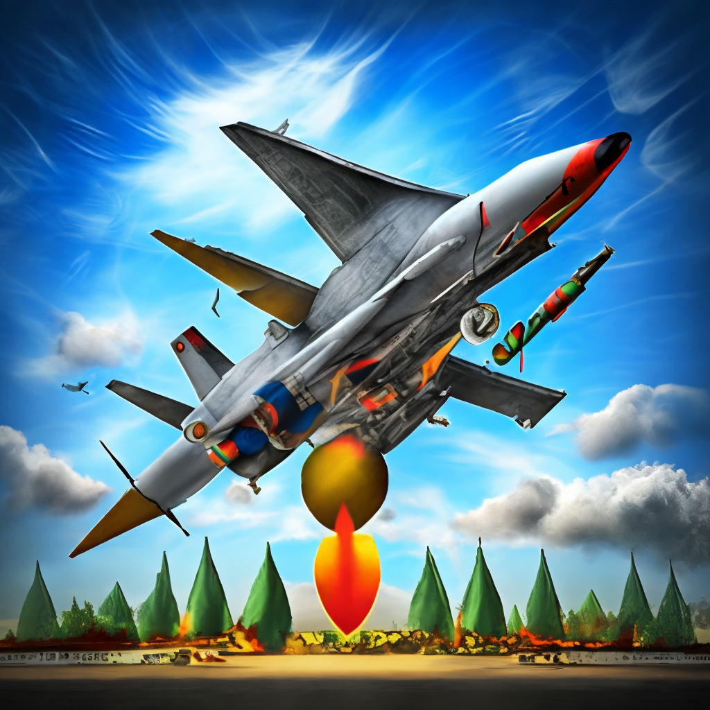 A F16 army plane droping a nuclear bomba.comic style