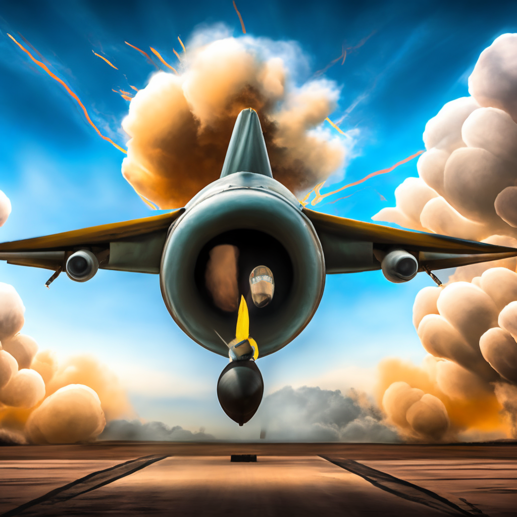 A F16 army plane droping a nuclear bomba.comic style. 3/4 portrait, Folk art, pexels contest winner, painting, pexels, award winning photography, amber, lens flares. Turn into a glowing atom