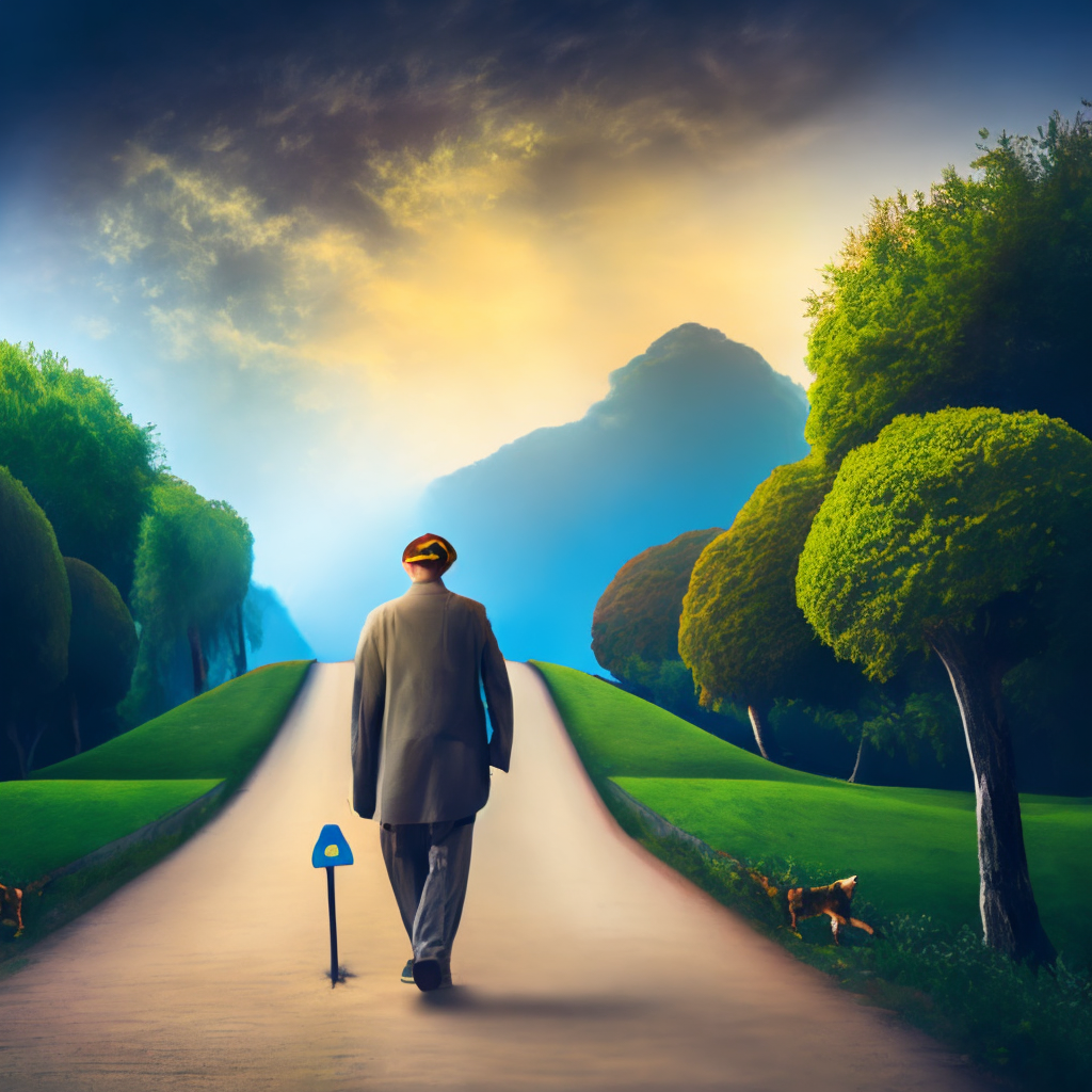 man with cat face walking a long a path, with bushes and fireflies on both sides
