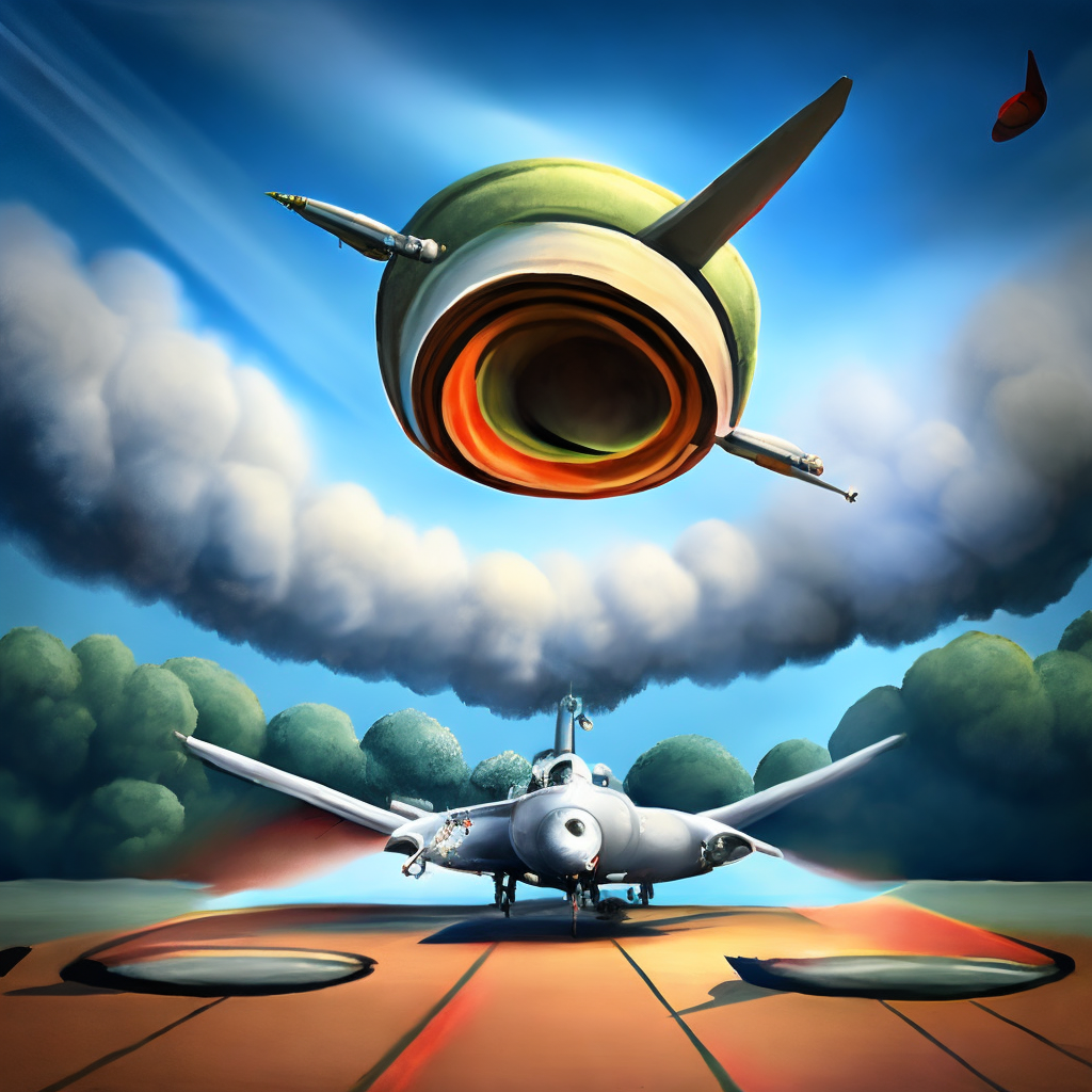 a F16 army plane droping a nuclear bomb over a saucer.Comic style