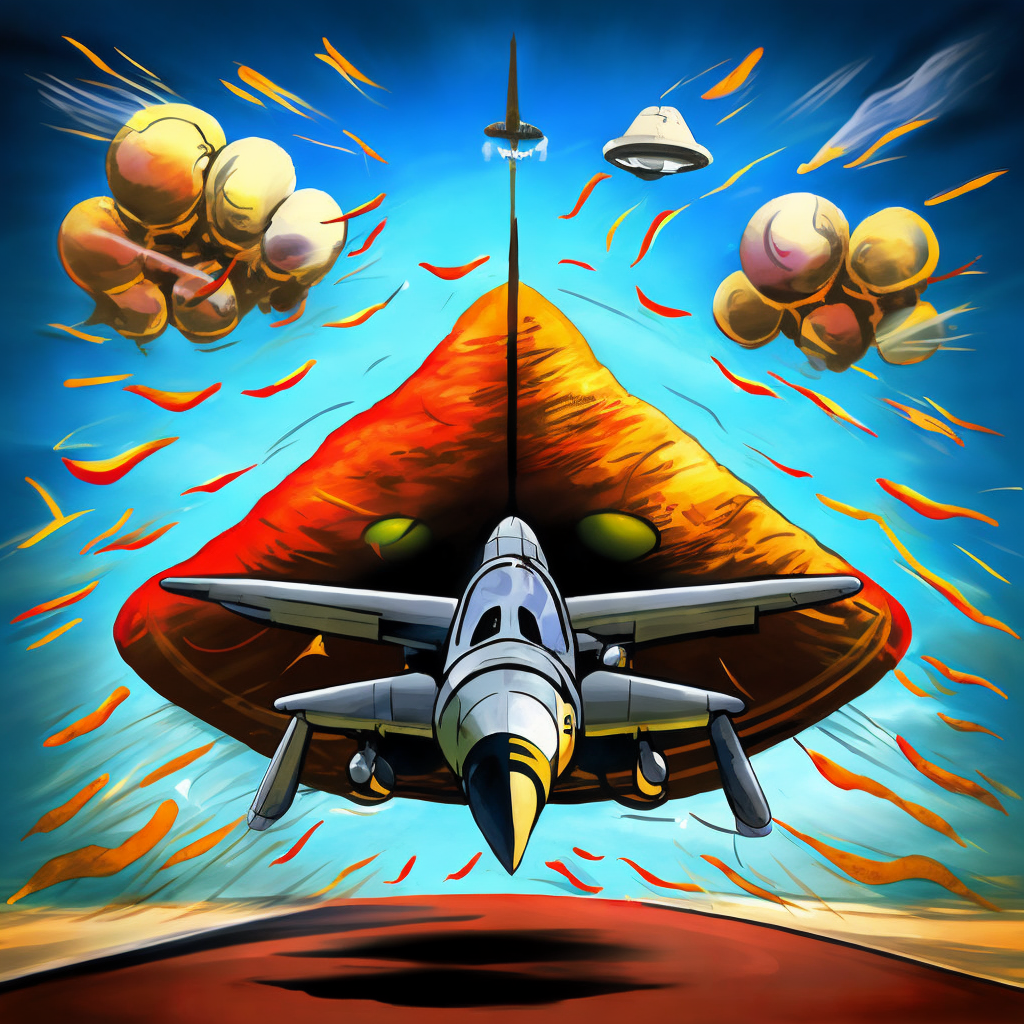 a F16 army plane droping a nuclear bomb over a saucer.Comic style