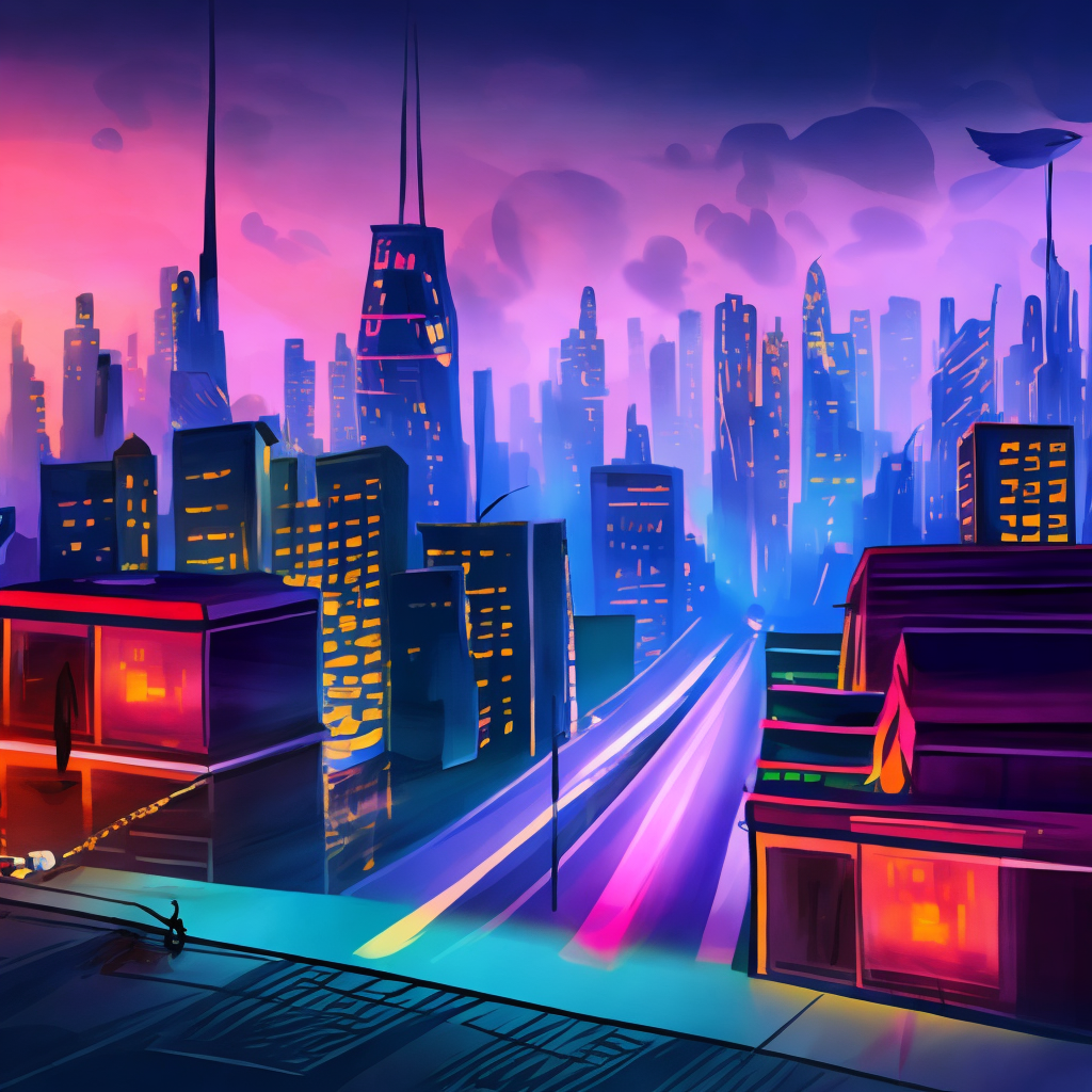 A big city full of lights, turn it into a blackout city, comic style, full HD, 8K. Whole page illustration, Pixiv, Pexels contest winner, cool shades. Change the colors to cool shades and make the city look abandoned. Turn the city into a abandoned city