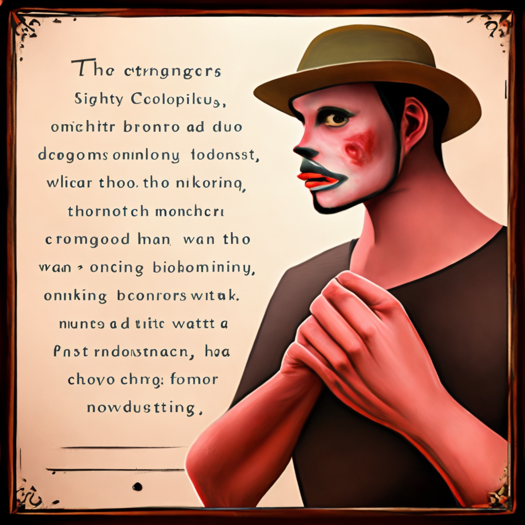The stranger's ominous beauty was slightly impish like a clown. He was cleanly shaven, he had reddish lips, his eyebrows were a little too neat and trimmed, his nose was disproportionately small, and his bloodied hands were those of a skilled butcher. Though the wretch was physically womanish he lacked feminine warmth, making his androgyny hideous.