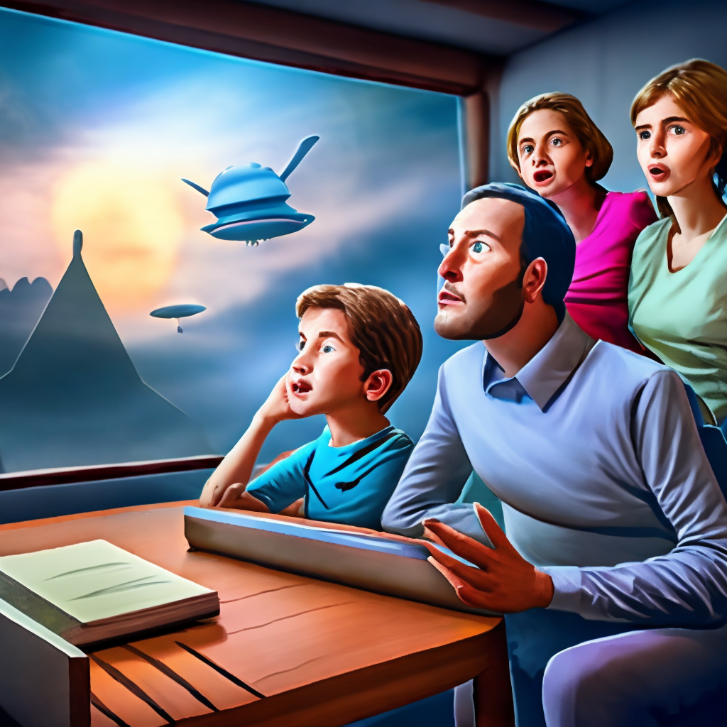 A family watching the news about an UFOs invasión,HD,full HD,8k,hiperrealistic,comic style,make the alien come out the tv