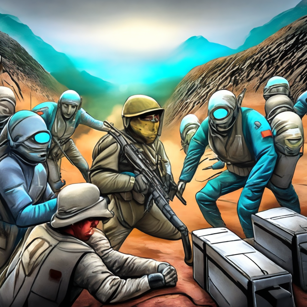 A Battlefield between aliens and OTAN soldiers,Full HD,8k,3/4 portrait,comic style