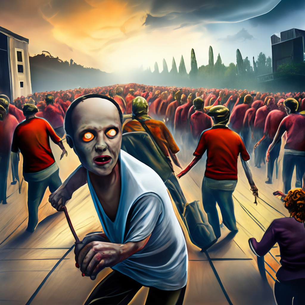 An apocalipsis like the walking dead serie,comic style,full HD,16k,hiperrealistic,3/4 portrait,make the undead run away from it. Replace human with undead