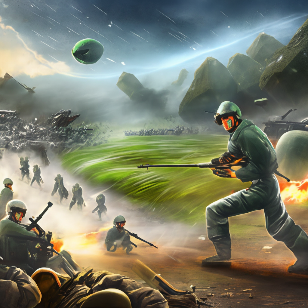 A Battlefield field where estraterestre are fighting agaisnt EEUU soldiers,full HD,16k,hiperrealistic,comic style,3/4 portrait,make alien and soldiers explode in pieces