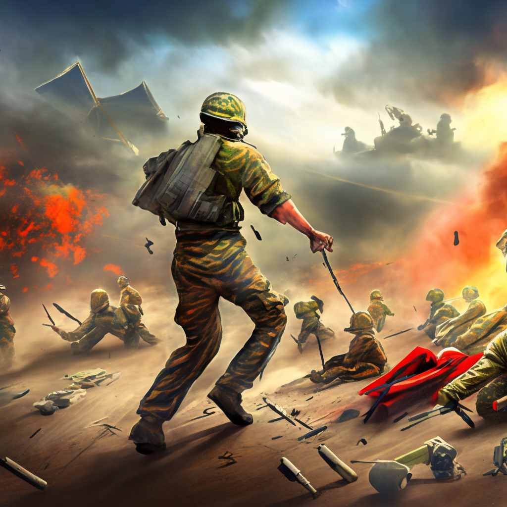 A Battlefield field where estraterestre are fighting agaisnt EEUU soldiers,full HD,16k,hiperrealistic,comic style,3/4 portrait,make alien and soldiers explode in pieces