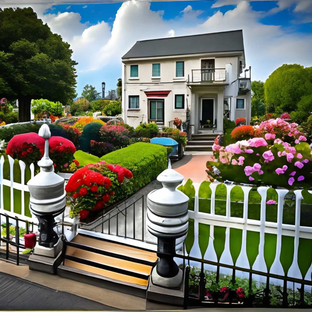 a flower garden with a low picket fence around it and a fountain in the center
