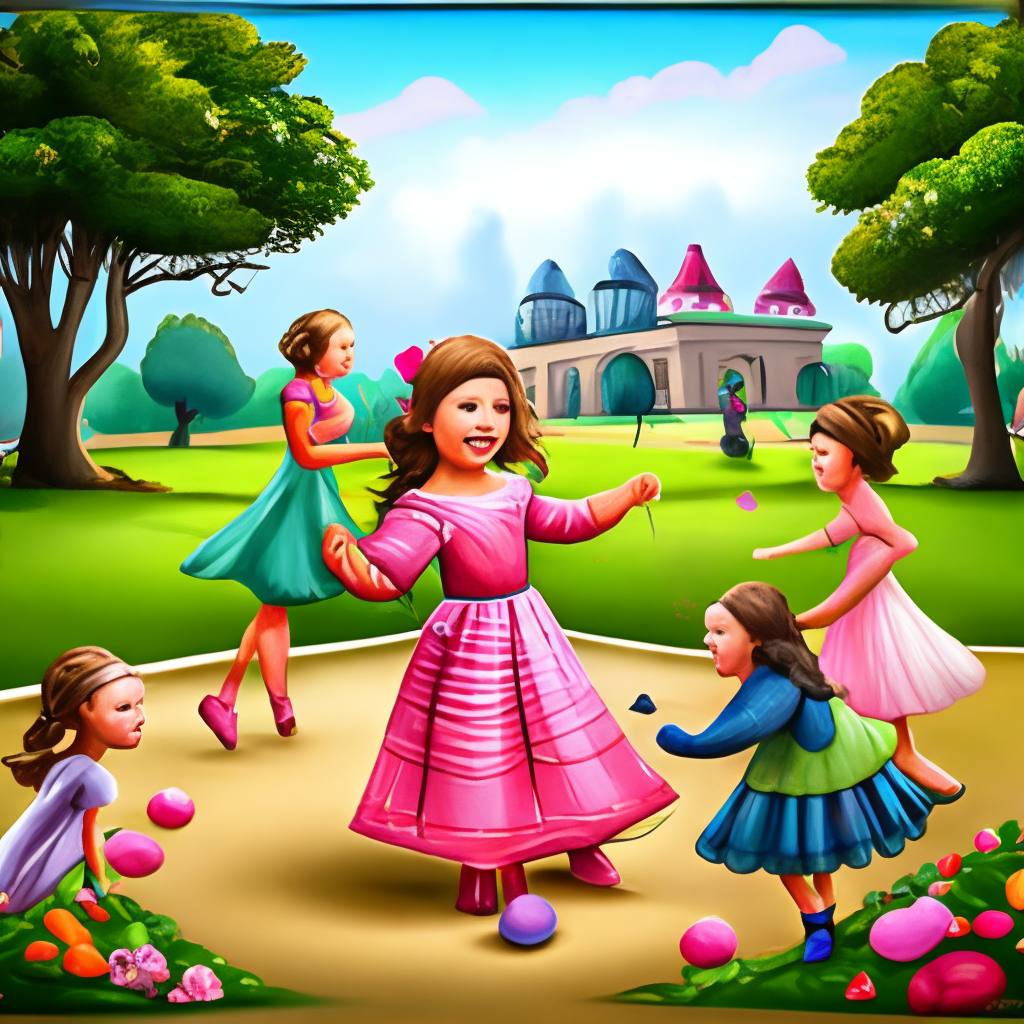 a digital painting of a girl in a pink dress playing with her friends in a park, cartoon style